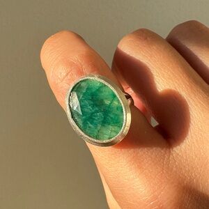 Large Faceted Rose Cut Oval Emerald Ring Bezel Set in Sterling Silver, Size 5.5